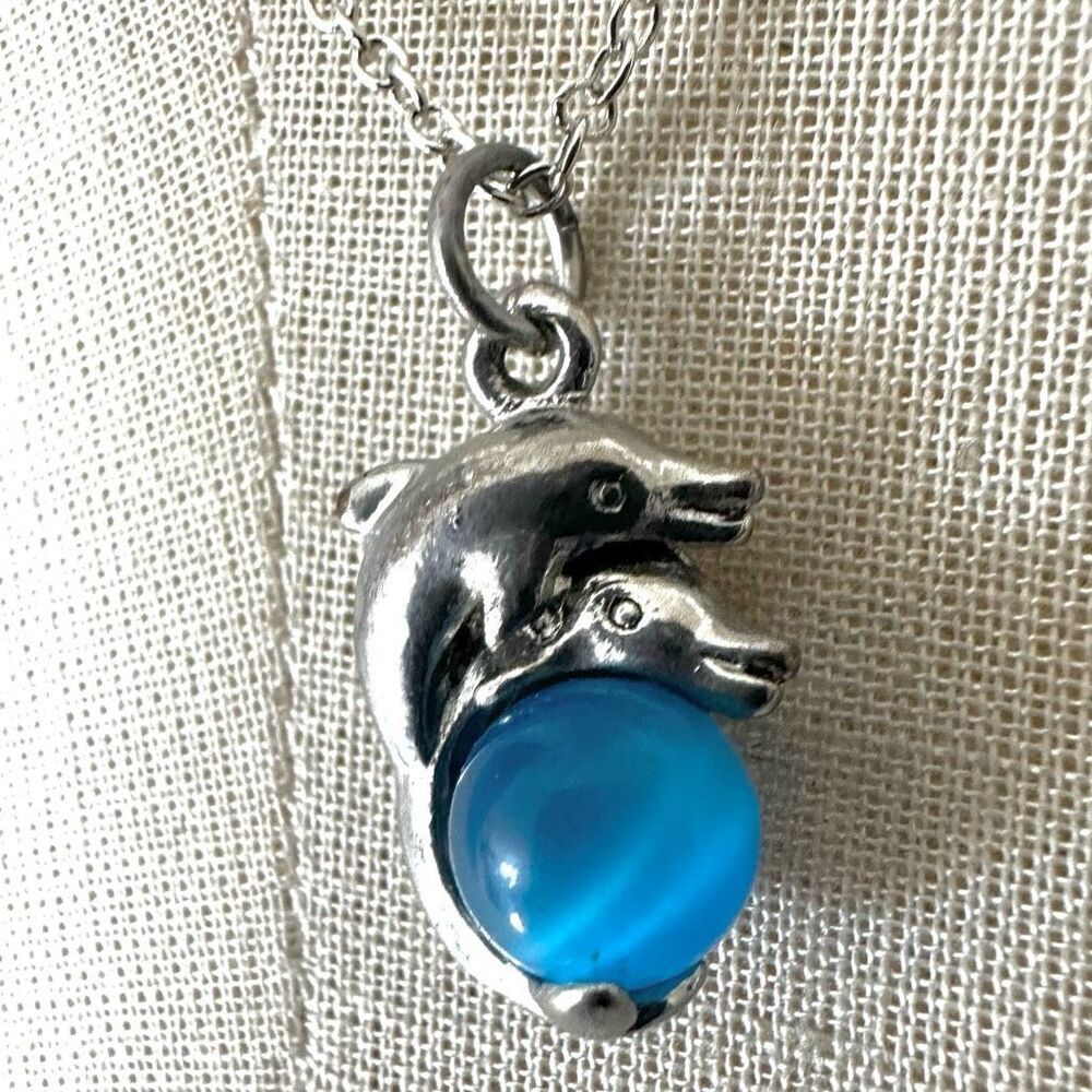 Vintage Dolphin Pendant Necklace with Blue Glass Orb